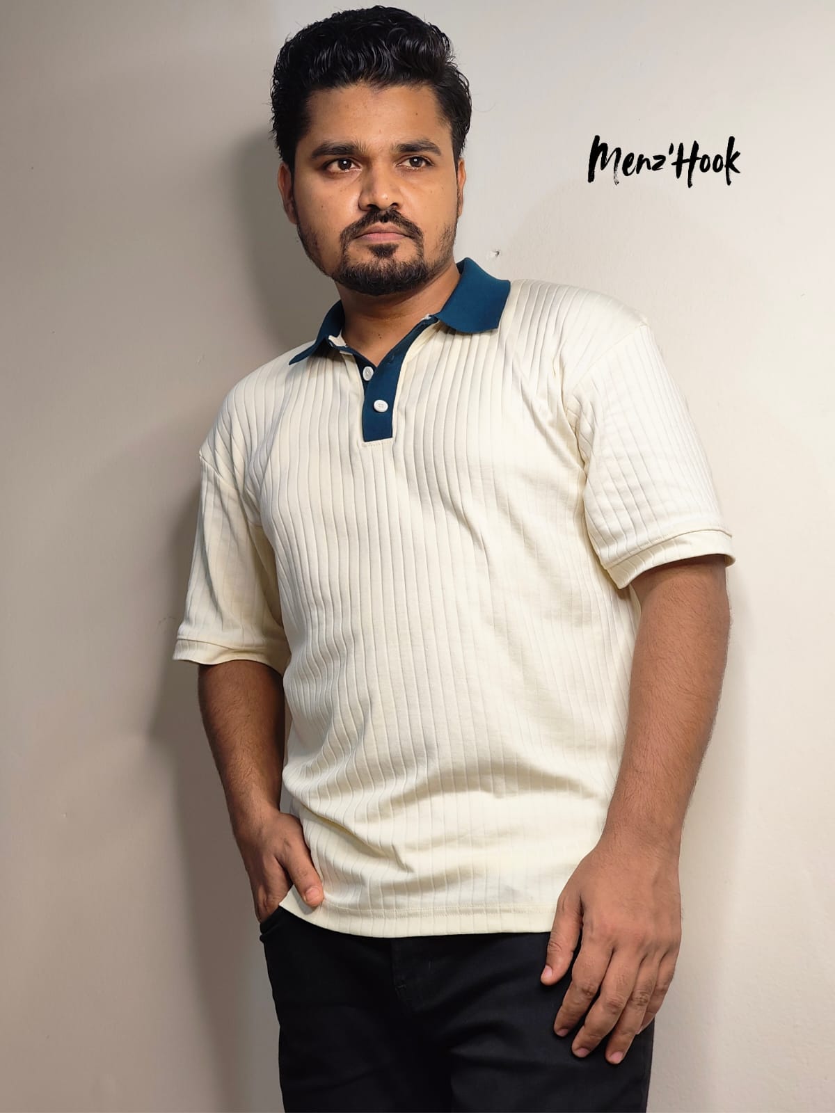 Vintage Dropped-Shoulder Polo Shirt ( off-white with Petrol Blue collar)