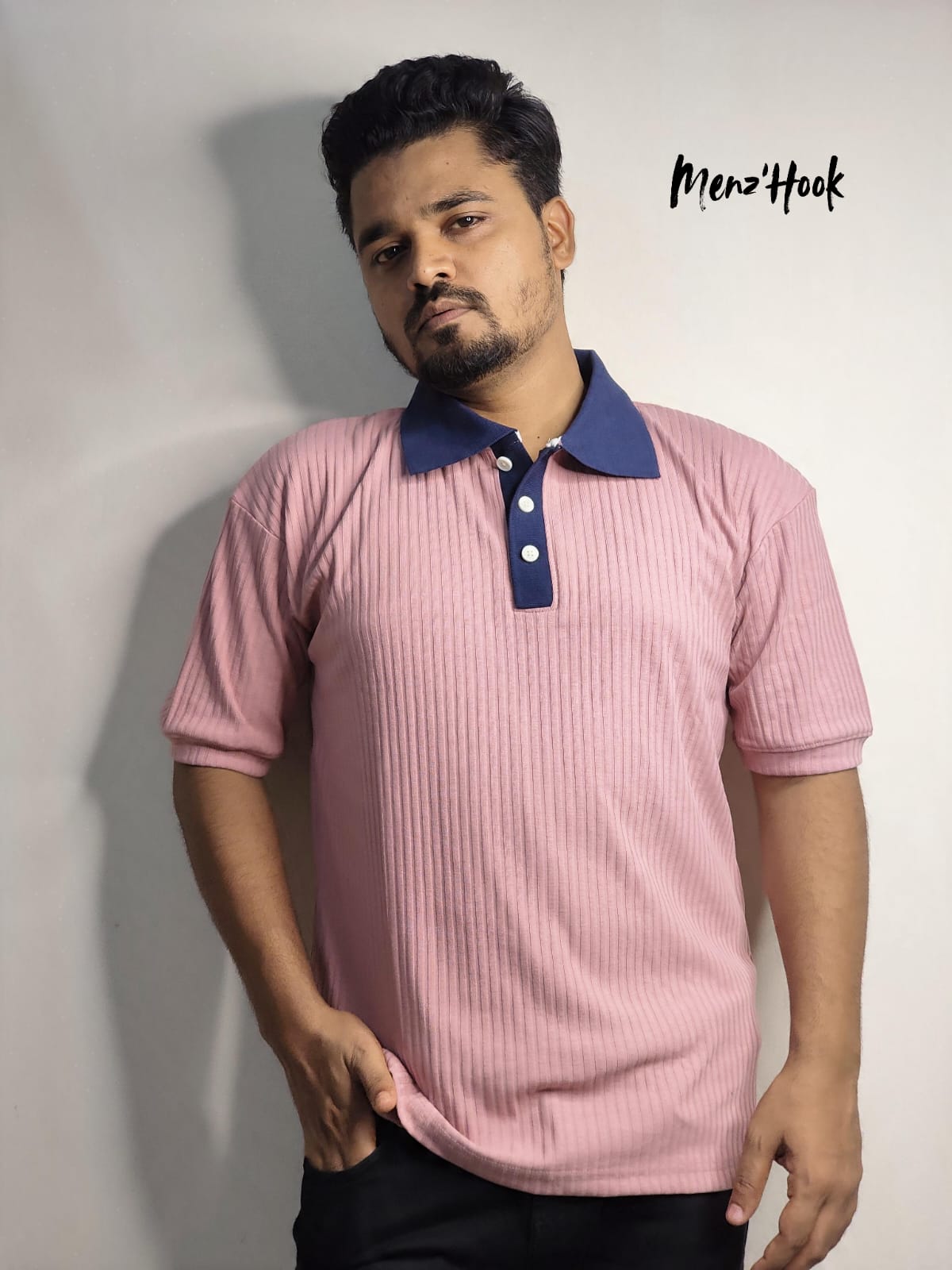 Vintage Dropped-Shoulder Polo Shirt ( Dusty Rose with navy blue collar)