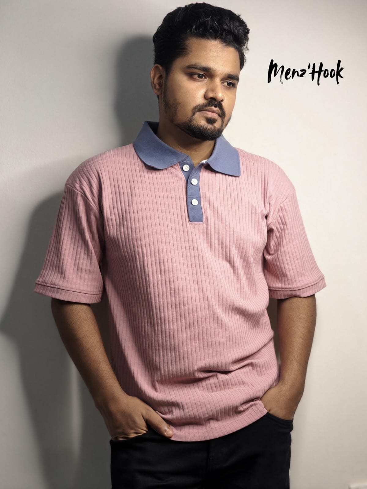 Vintage Dropped-Shoulder Polo Shirt ( Dusty Rose with Muted Greyish-Blue tone collar)