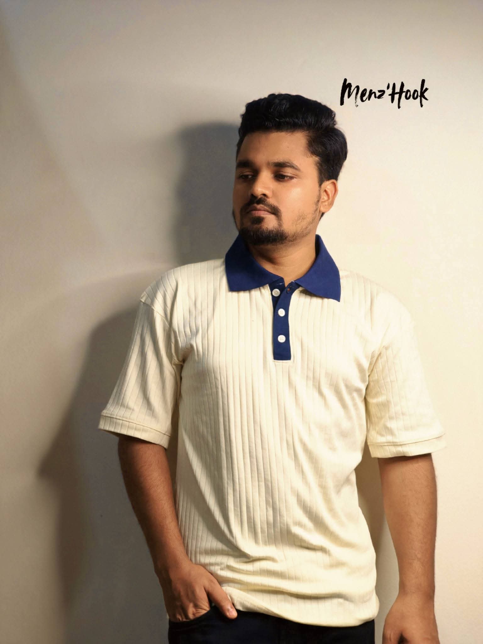 Vintage Dropped-Shoulder Polo Shirt ( Off-white with Navy Blue collar)