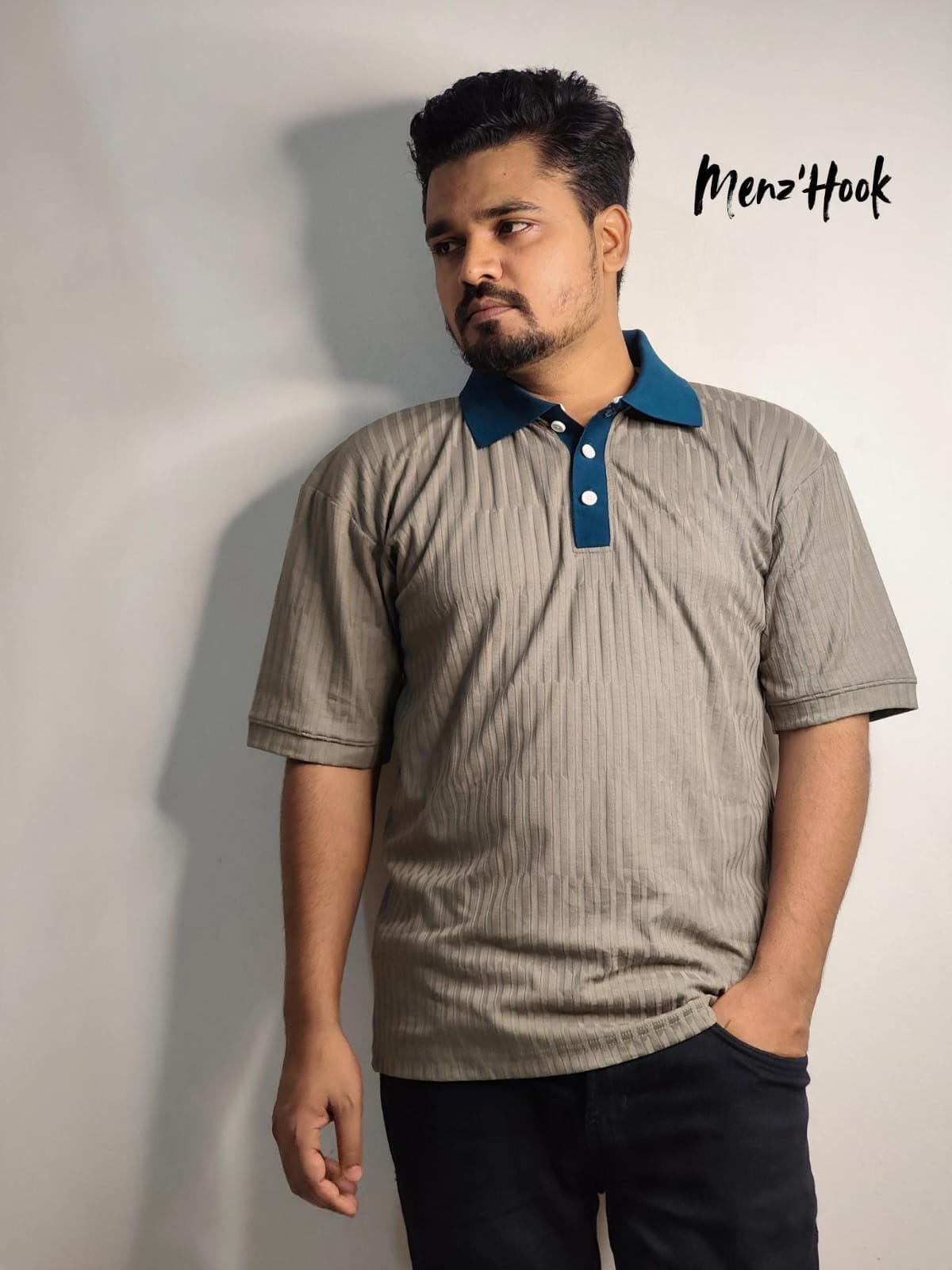 Vintage Dropped-Shoulder Polo Shirt ( Light Olive with Petrol Blue collar)